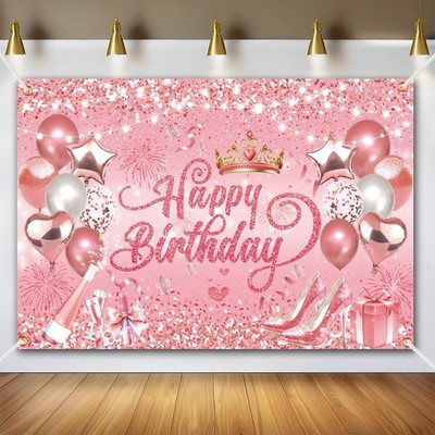Lnkdeya Pink Rose Glitter Birthday Backdrop - 71x43 in for Women Girl Party Deco
