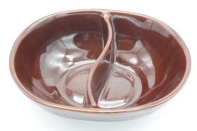 Vtg MARCREST OvenProof STONEWARE Brown DAISY DOT Divided SERVING BOWL DISH USA