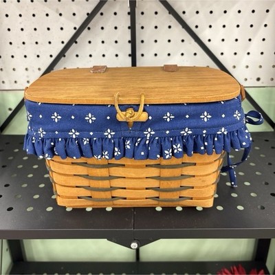 Longaberger Wooden Basket with Lid and Blue Fabric Liner, Brown/Blue