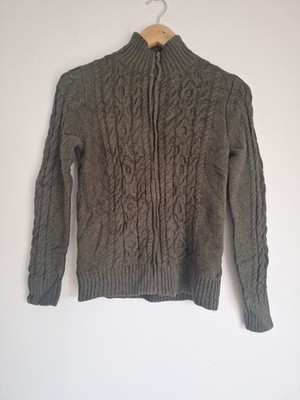 LL Bean Strickjacke Pullover Baumwolle Damen XS Petite Green Zopfmuster Full Zip
