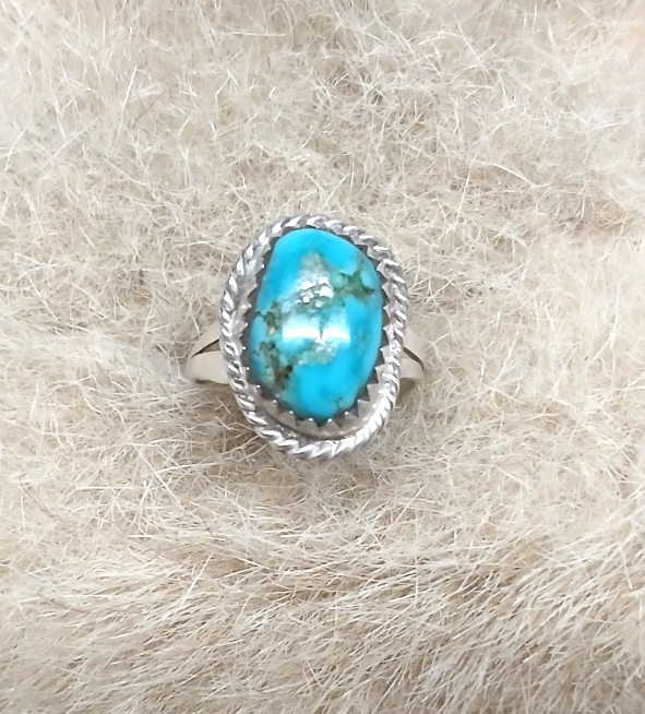 VINTAGE NATIVE AMERICA /Blue Turquoise /STERLING Silver/Rope Bezel/ Size 4.5/NEW