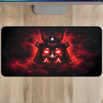 Cyber Oni Samurai Desk Mat 16x32 Red Neon Mouse Pad XL Non-Slip
