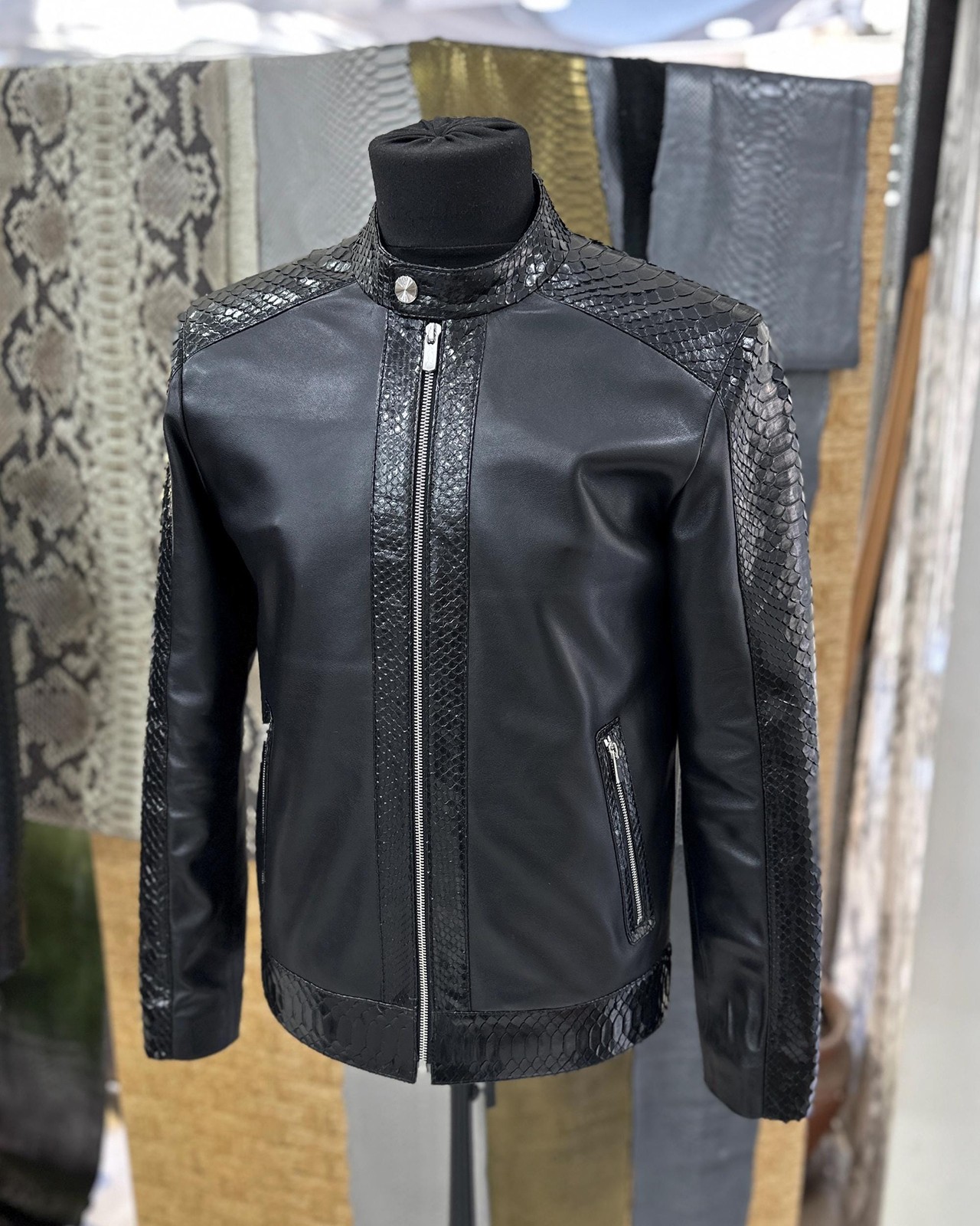 Men's Real Python Skin Trim Genuine Leather Black Luxury Moto Jacket image 4
