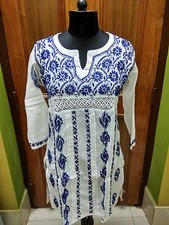 S 38" L 42" HANDMADE TOP 100 COTTON ETHNIC CHIKAN EMBROIDERY KURTA KURTI TUNIC