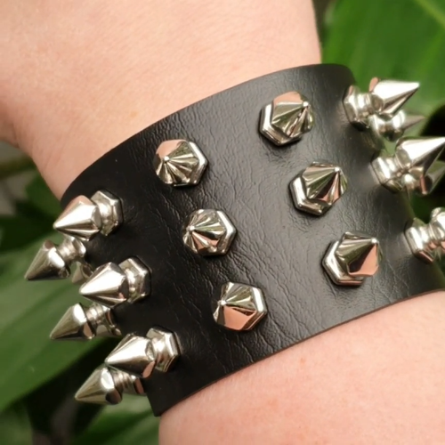 Spike Cuff Wrist Bracelet 21 Spikes Rivet Stud Wide Vegan Faux Leather Rocker - Video 1 of 1
