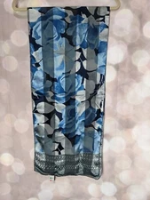 Symphony Scarf Oblong Rectangle Blue/Silver Rose Floral Silky Scarf 