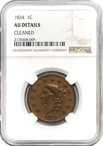 1834 Coronet Matron Head Large Cent NGC AU Details Cleaned