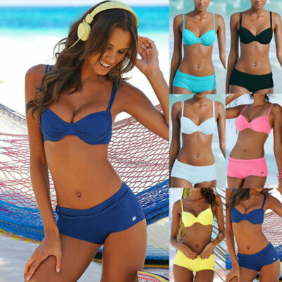 Damen Hohe Taille Bikini Set Satz Push-Up Bh Bandeau Badeanzug Badehose Bademode