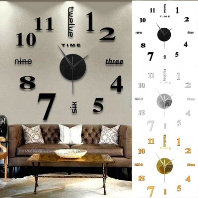 Frameless DIY Wall Mute Clock 3D Mirror Surface Sticker Home Office Decoration