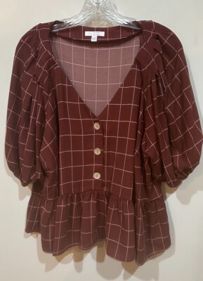 LC Lauren Conrad Womens Maroon w/Pink Stripe & Buttons Peasant Top SS Size XXL