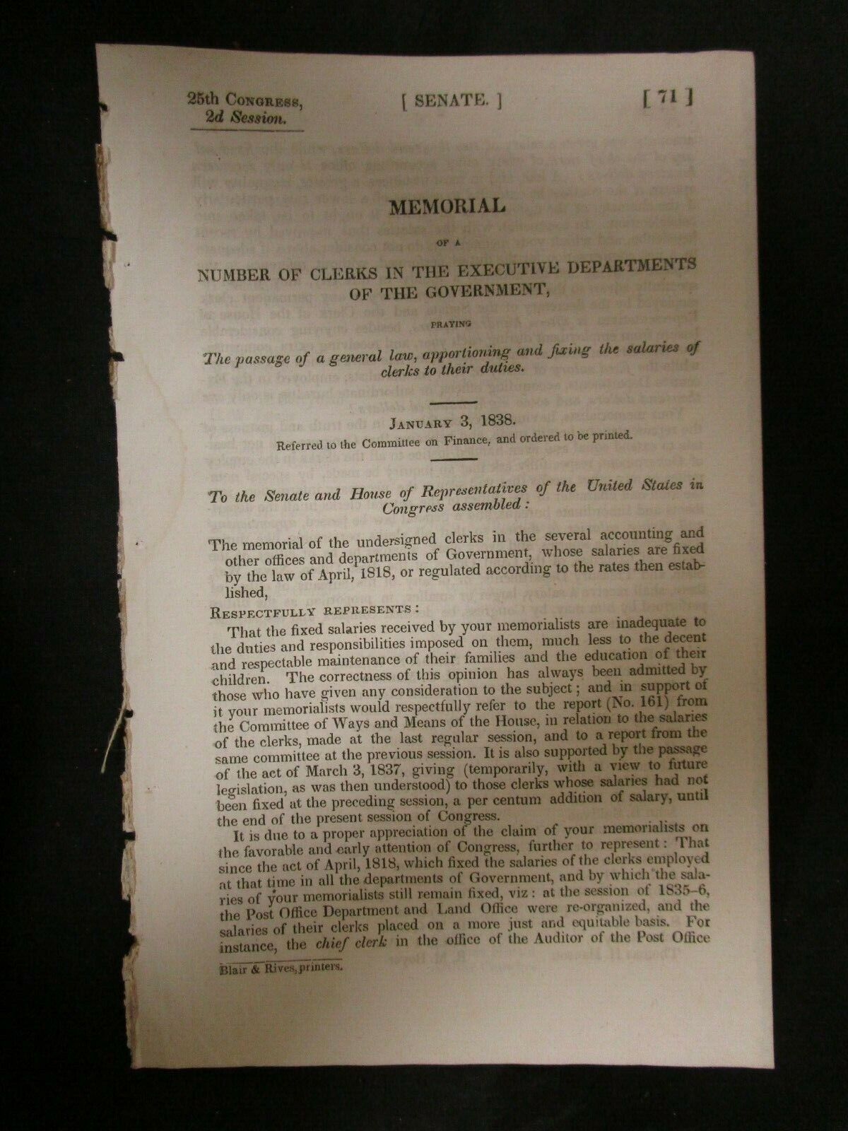 Government Report 1/3/1838 Number Of Clerks Executive Departments &Amp; Salaries