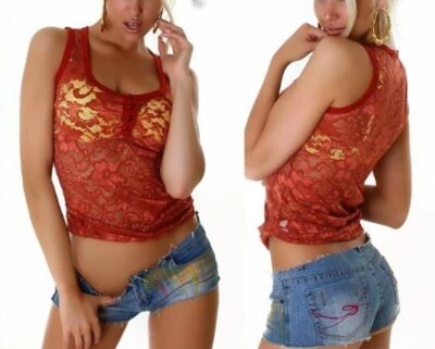 Sexy Miss Women Tank Top Transparent Lace Gogo Strip Buttons Top XS S Rust - Image 1 of 2
