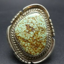 SIGNED Heavy Gauge Vintage NAVAJO Sterling Silver 8 TURQUOISE RING size 10.5