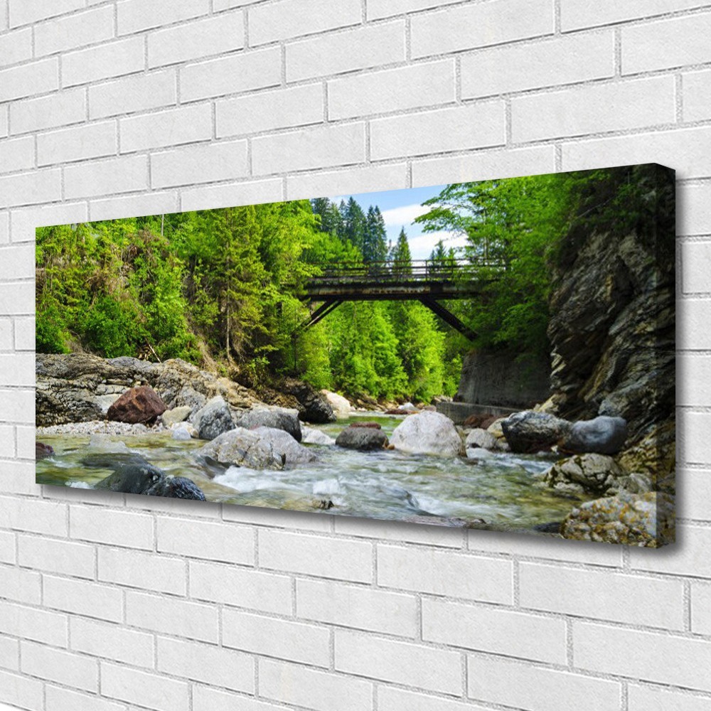 Tableaux paysage forêt pierres pont lac 125x50cm, grande déco murale nature