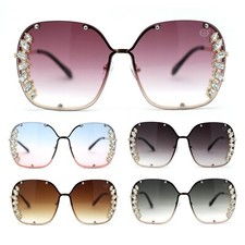 Womens Marquise Cut Rhinestone Floral Trim Rimless Butterfly Sunglasses