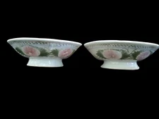 CHINESE Folk Art Pink FLOWER Porcelain Footed Shallow Bowl or Candle Holder Pair