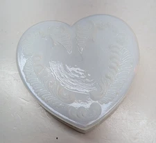 Vintage Degenhart Glass Heart Trinket Box White Floral 4 Inch