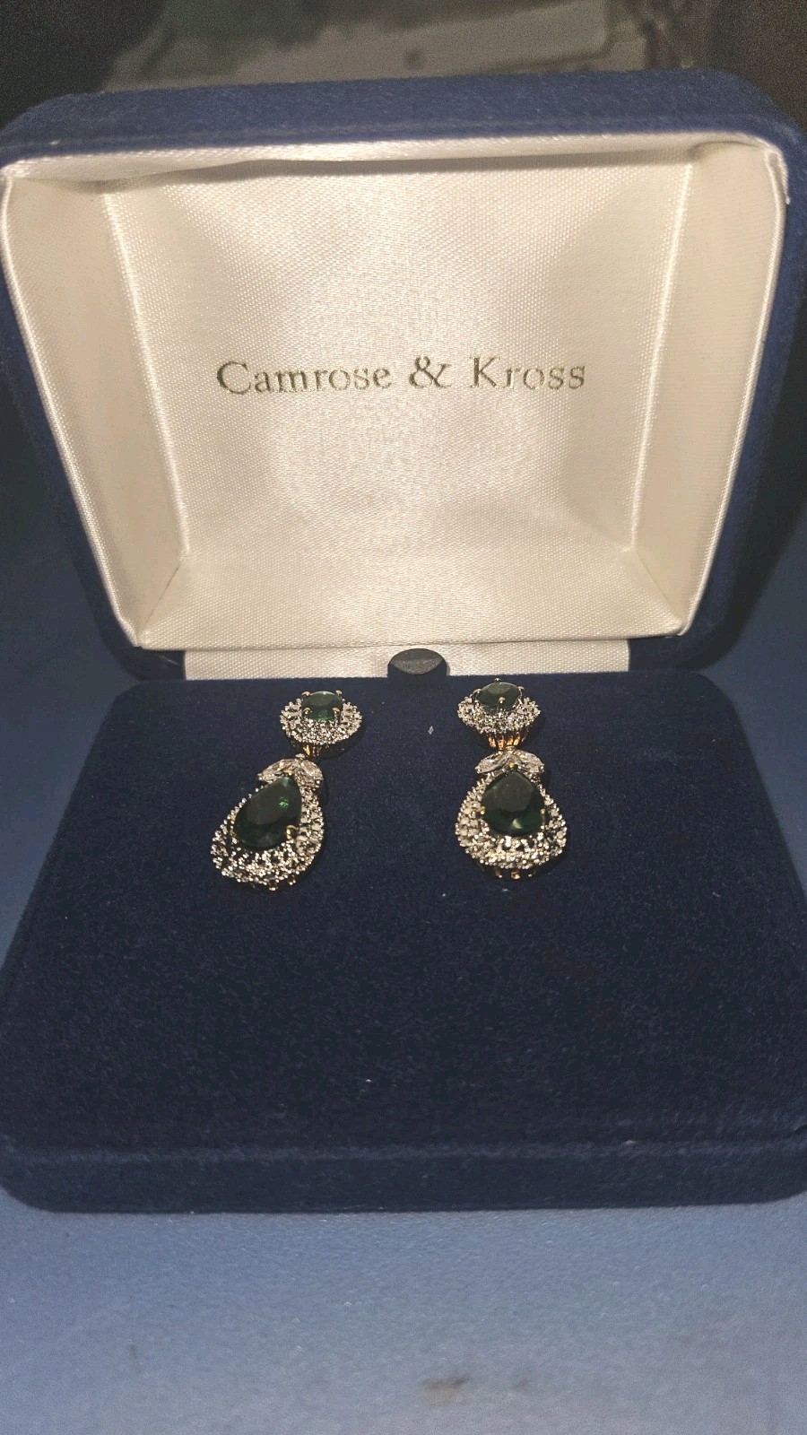 Camrose & Kross JBK Jacqueline Kennedy Green Crystal Drop Earrings NIB COA