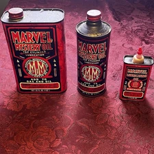 Vintage Marvel Mystery Oil Top Cyclinder Lubrication 32 oz Metal Cans + 4 Oz Oil