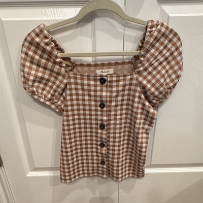 Madewell Women s XXS Brown White Gingham Square Neck Smocked Cotton Woven Blouse