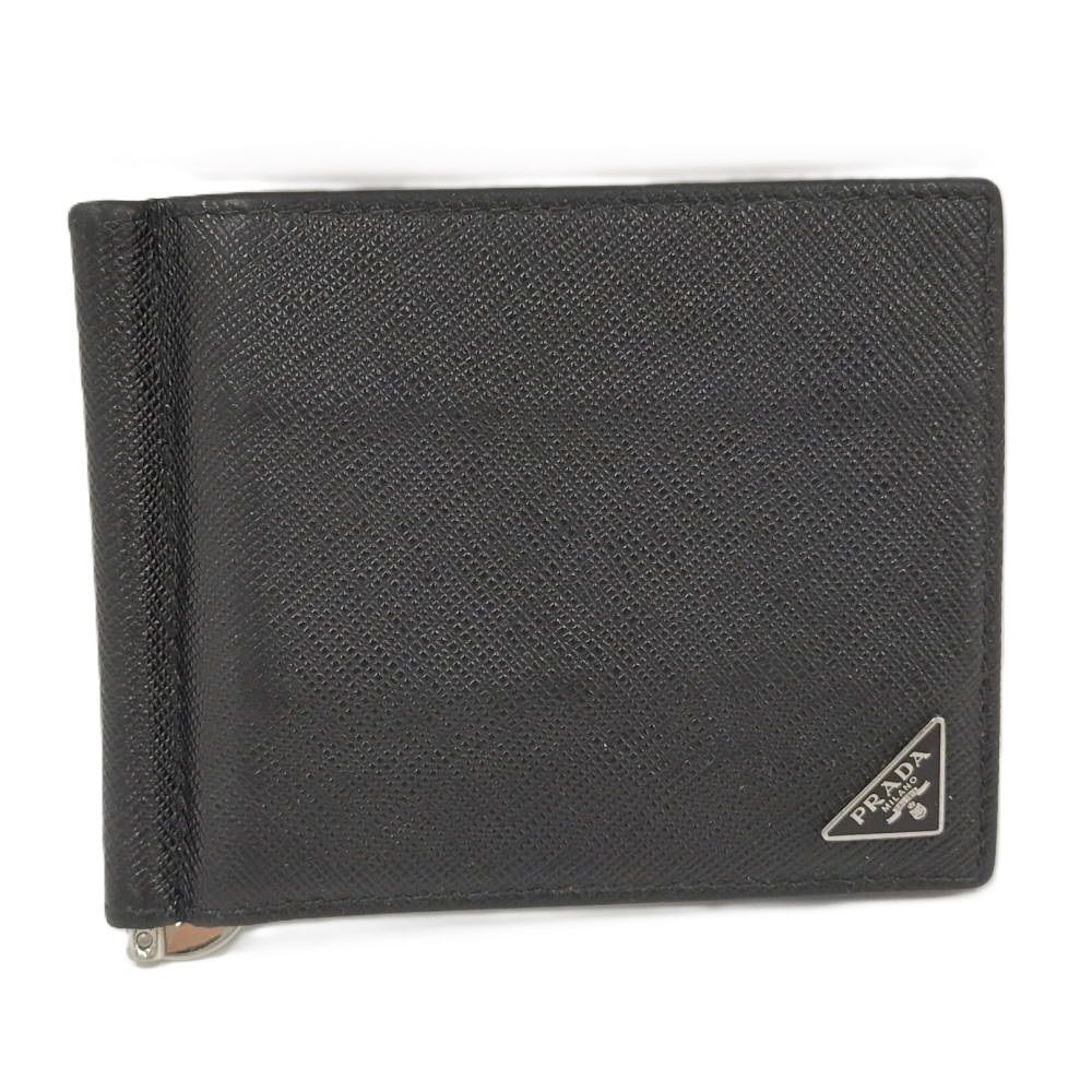 PRADA Saffiano Leather Triangle logo Money Clip Card Case Black very good gift