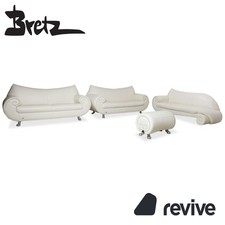 Bretz Gaudi Ensemble Canapé 2 Places + Méridienne/2 Places + Pouf, Cuir Crème