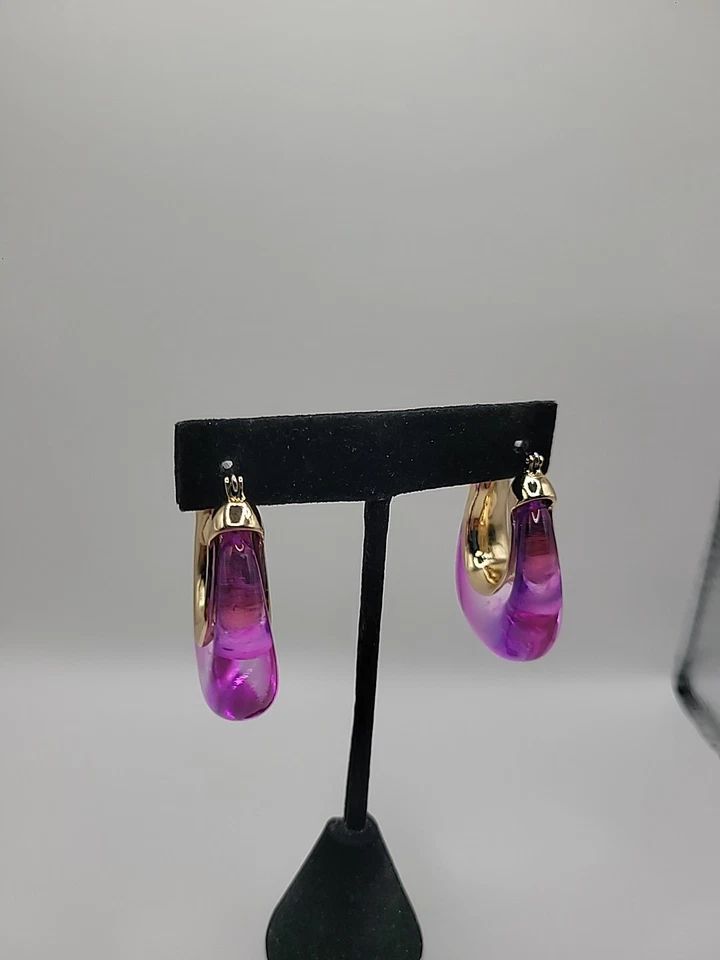 Vintage Earrings Pierced Lever Back Gold Tone Hoops Purple Jewelry Costume - Image 4 of 4