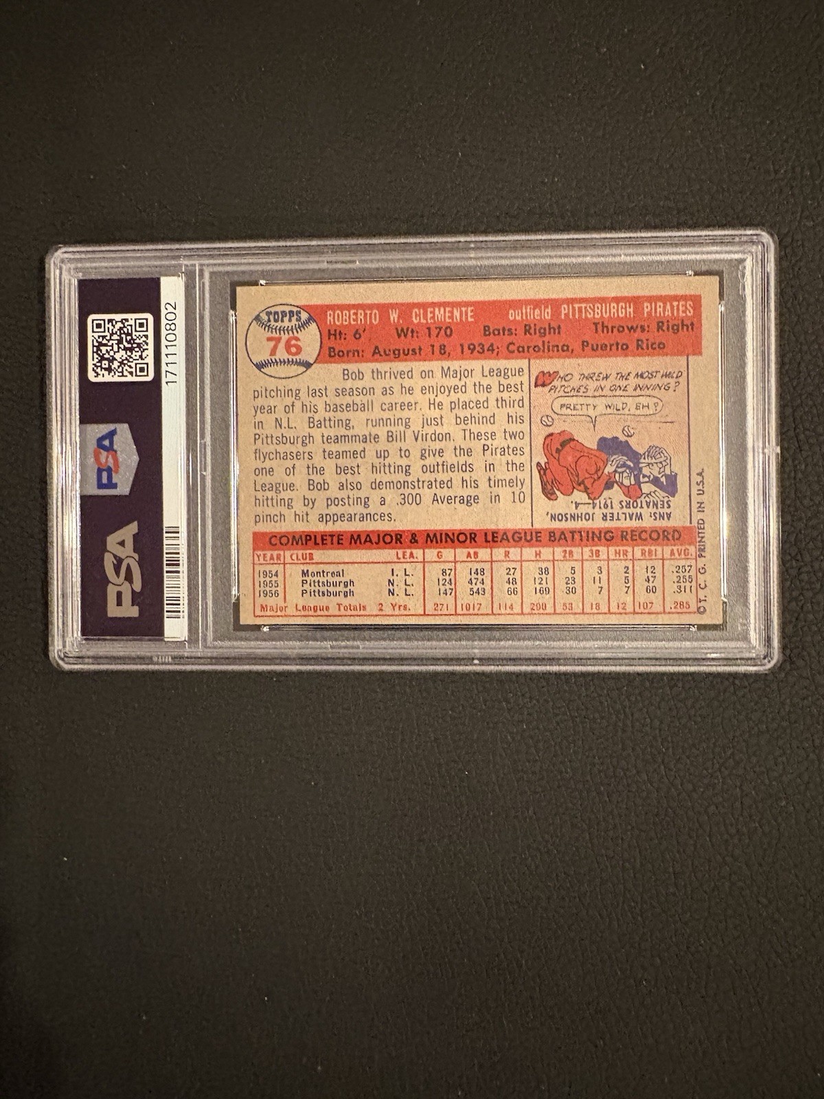 Vintage 1957 Topps Pittsburgh Pirates HOF Roberto “Bob” Clemente #76:PSA 4 VG-EX view 2
