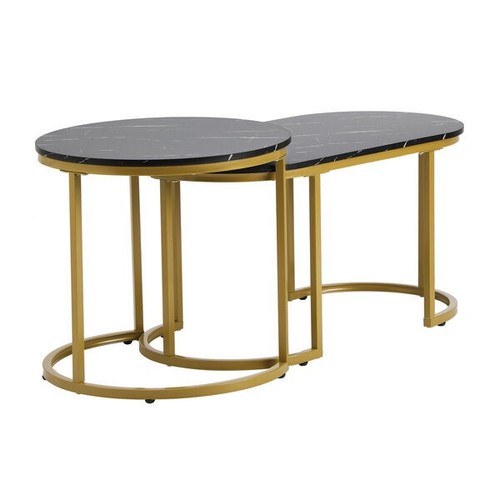 Nesting Coffee Table Set of 2 Marble Effect Gold Black - Picture 2 of 7