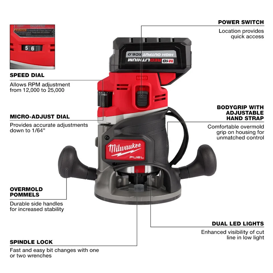 Milwaukee 2838-21 M18 COMBUSTIBLE 18V 1/2" Kit de enrutador inalámbrico de iones de litio Foto 4 de 4