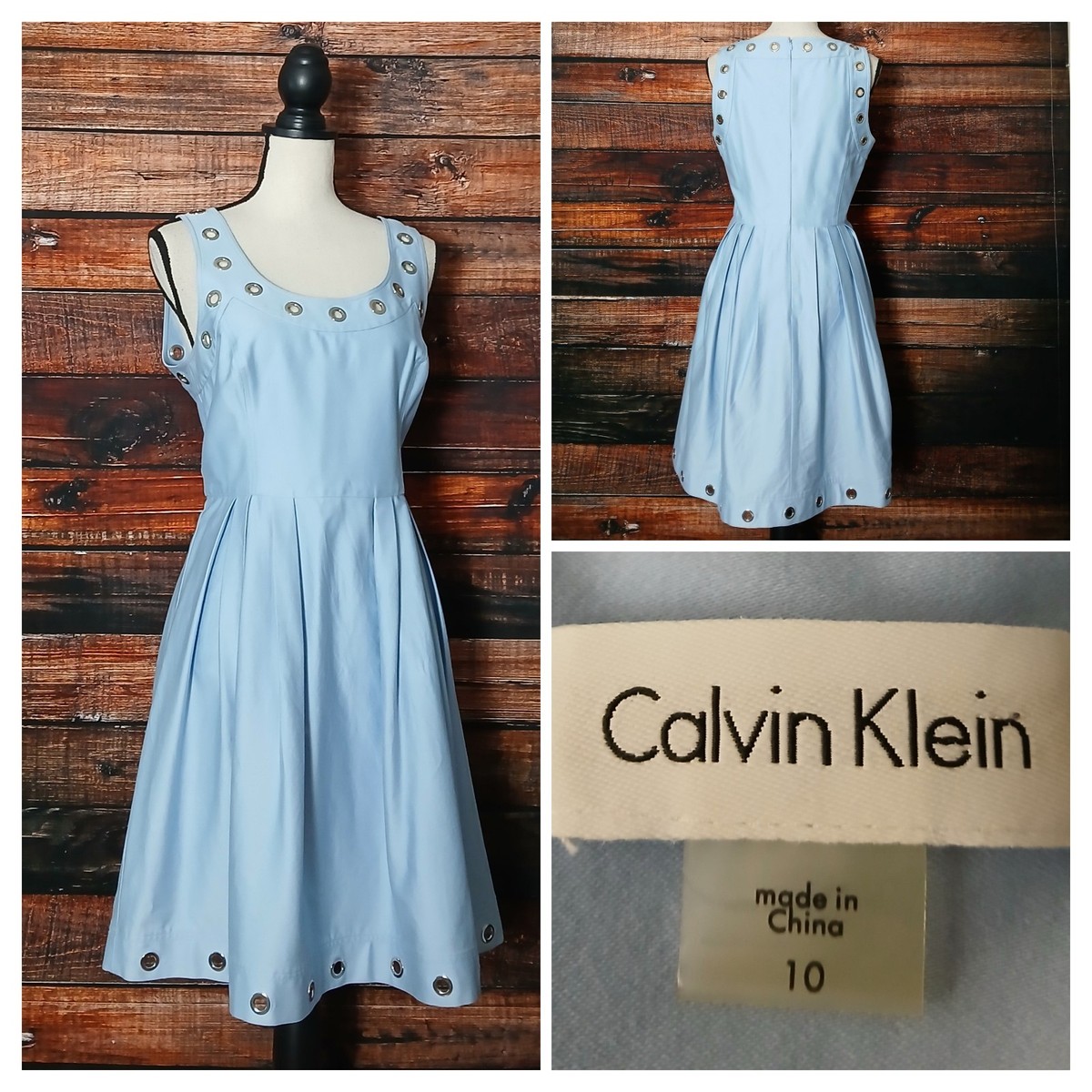 Calvin Klein Dress 10 Baby Blue Fit & Flare Grommet Pleated Cotton Zip Back | eBay Calvin Klein Dress 10 Baby Blue Fit & Flare Grommet Pleated Cotton Zip Back | eBay