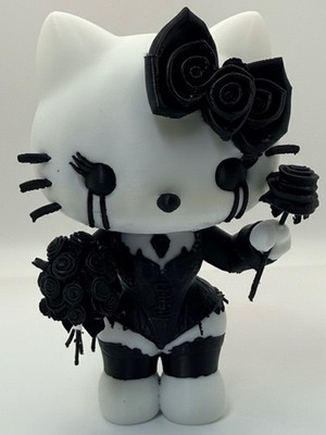 3D Printed Gothic Hello Kitty Figure Model Emo With Black Roses & Bow Decoration