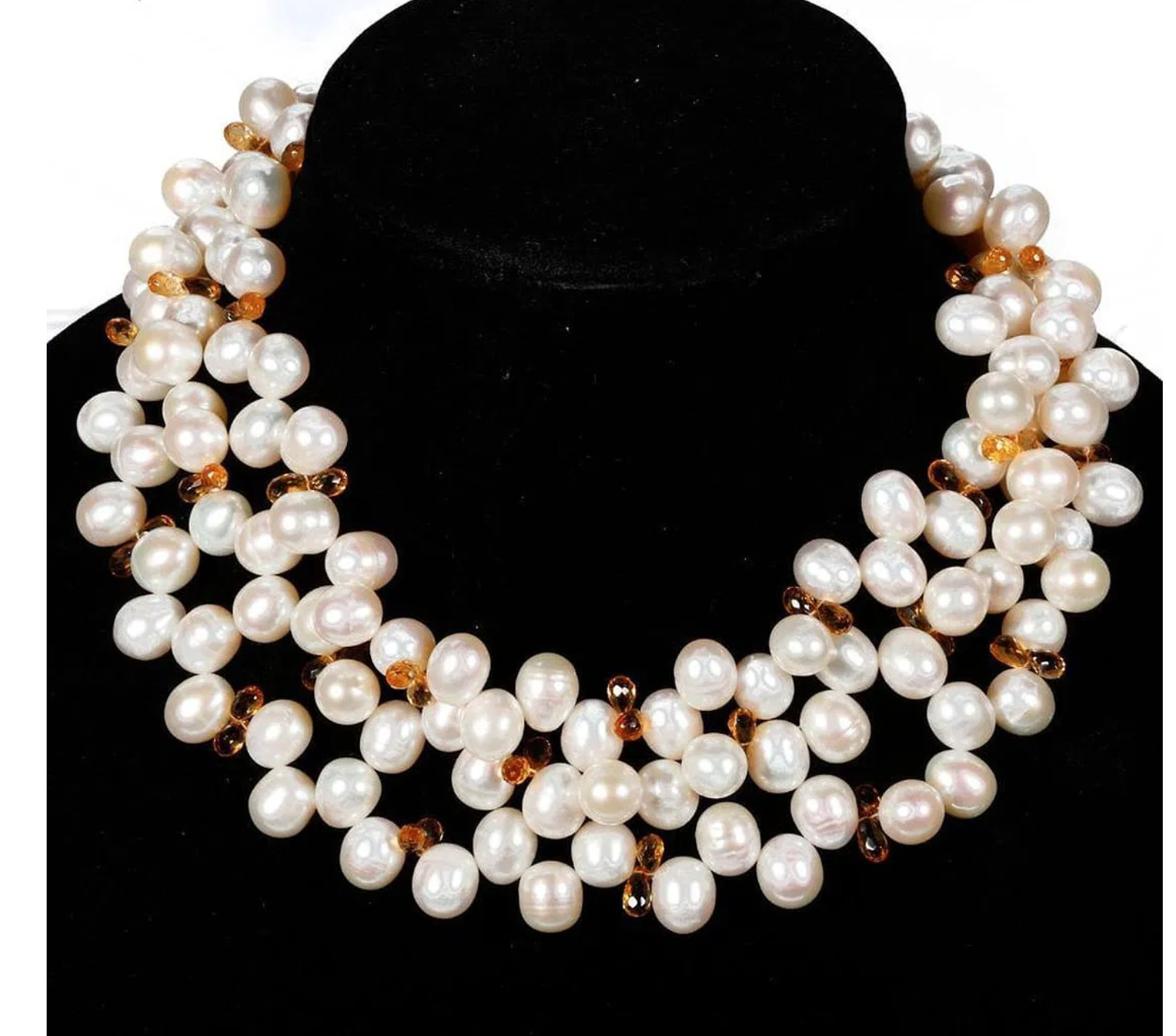 Jane Signorelli Triple Strand Vintage Freshwater Pearl and Citrine Necklace