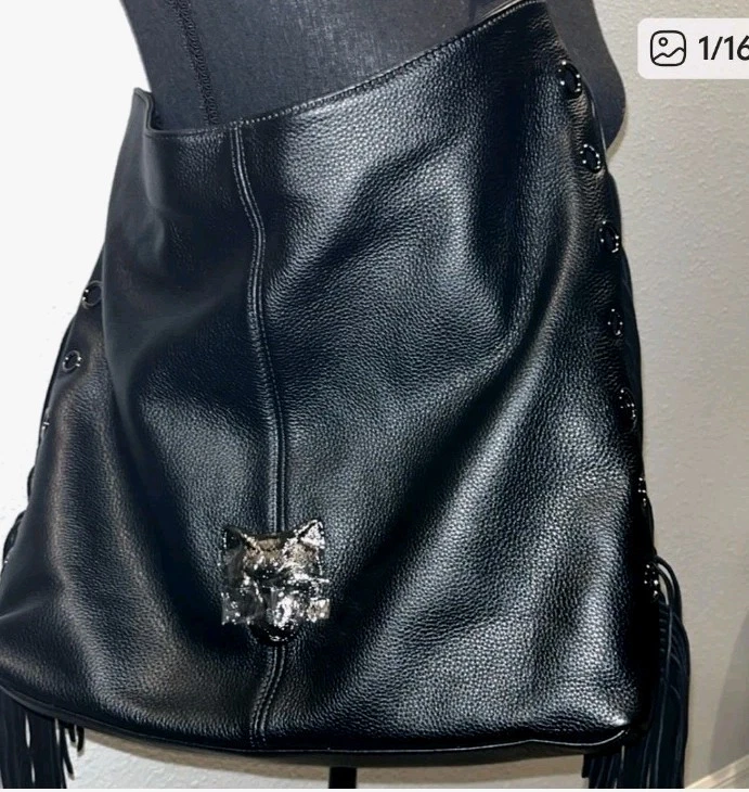 Sarif черная кожаная Дамская сумка сумочка Panther кристалл глаза богемное бахрома потрясающий! - Изображение 2 из 4