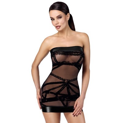 Bondesque F359 schulterfrei beflocktes Minikleid - SCHWARZ HANDMADE