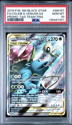 Celebi & Venusaur GX Sun Moon Black Star Promo Tag Team Full Art SM167 PSA 10