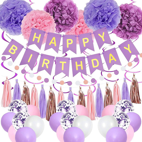 Purple Pink Birthday Party Decorations Set with Banner, Balloons, Garlands