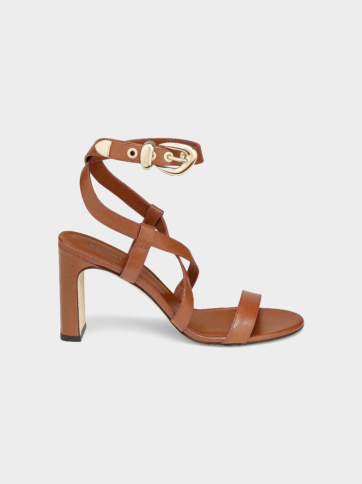 $600 STUART WEITZMAN Maven 75MM Leather Block-Heel Sandals SADDLE 8.5 (DD5)