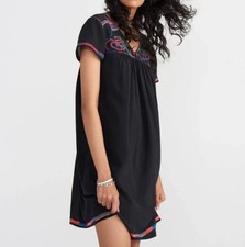 Madewell 100 Silk A Line Shift Dress Womens Small Embroidered Stitch Black