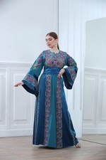 Teal Floral Embroidered Maxi Thobe Dress with Sash Long Sleeve