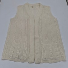Vintage Cream Cable Knit Cardigan Vest Orlon Acrylic Sleeveless Pockets RN 23123