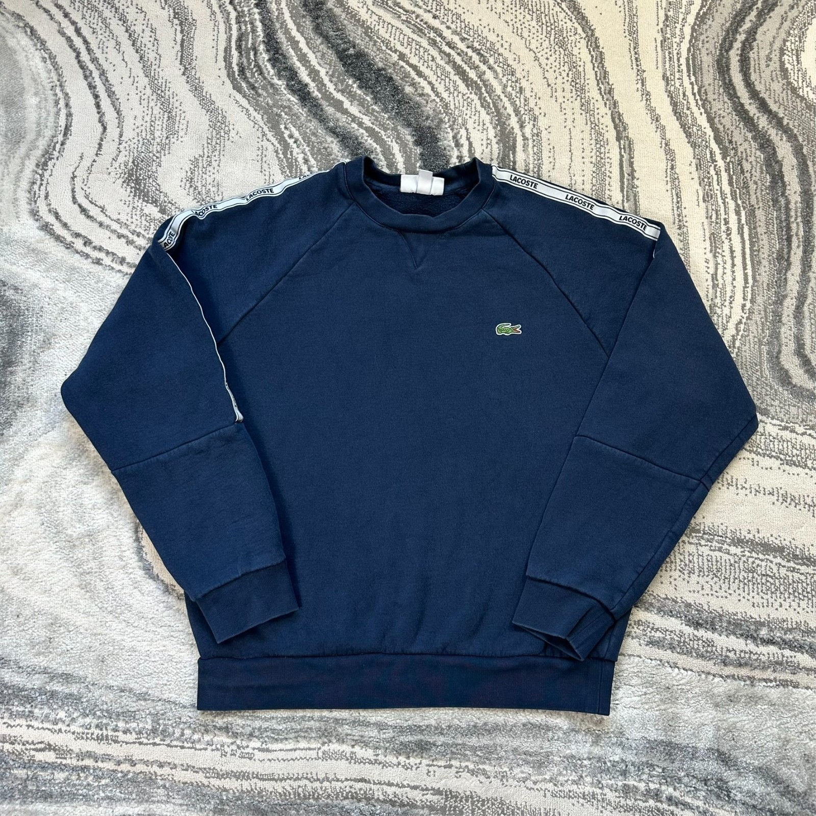 VTG Lacoste Navy Branded Tape Crocodile Sz Small Relaxed Fit Crewneck Sweatshirt