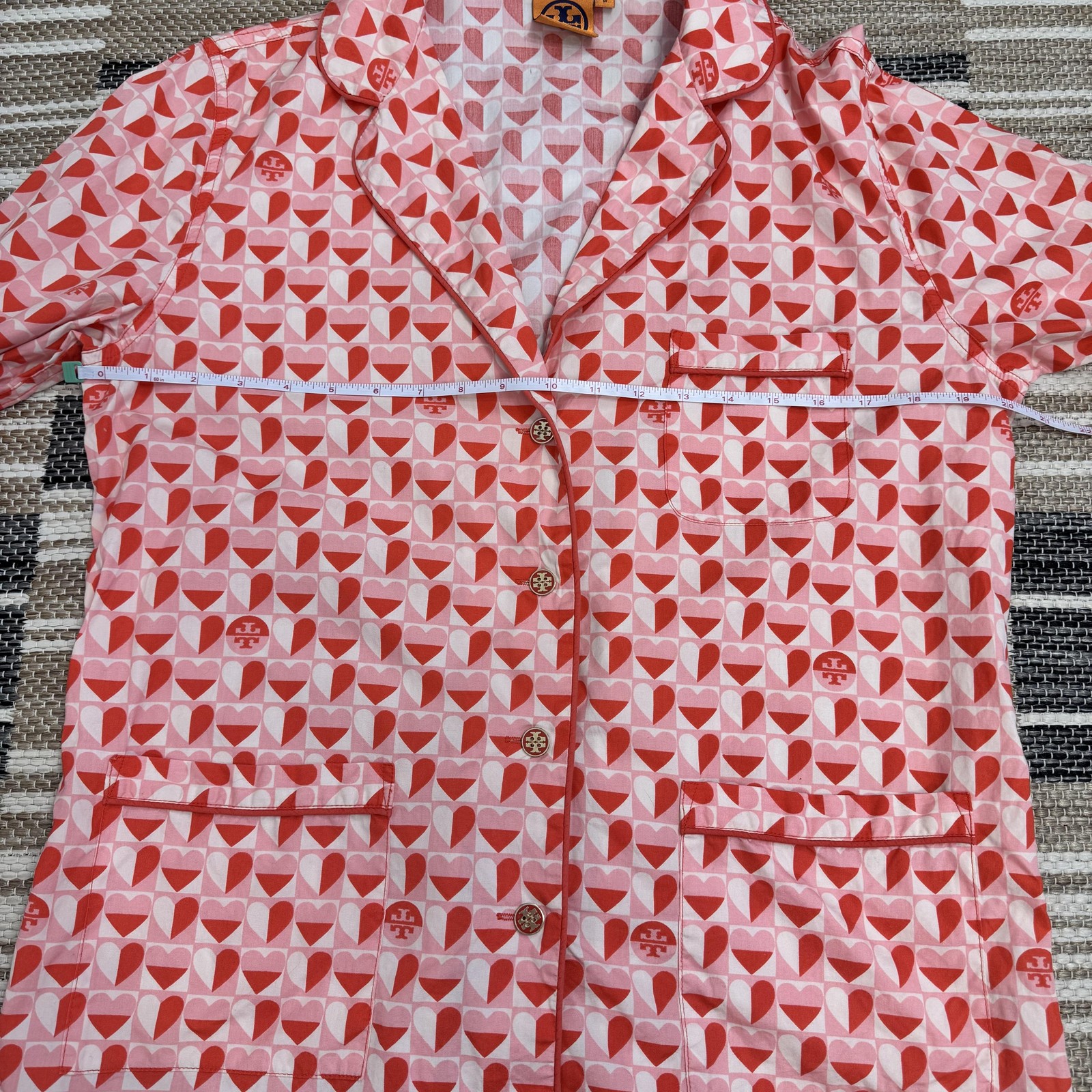 Tory Burch Pajama Top Women's Medium Pink Heart Print Button Front Cotton Logo thumbnail 13
