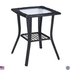 VINGLI Outdoor Side Table with Storage Wicker Patio Side Table, Tempered Glass