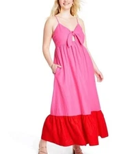 Tabitha Brown Sleeveless Tie-Front Tiered Midi Dress Pink/Red Pockets XS Linen