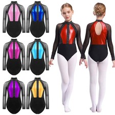 UK Girl's Gymnastics Leotard Metallic Sparkle Long Sleeve Ballet Dance Costume