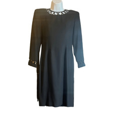 Petites for Maggy Vintage 2 Black Caged Sheath Dress Puff Long Sleeve Workwear