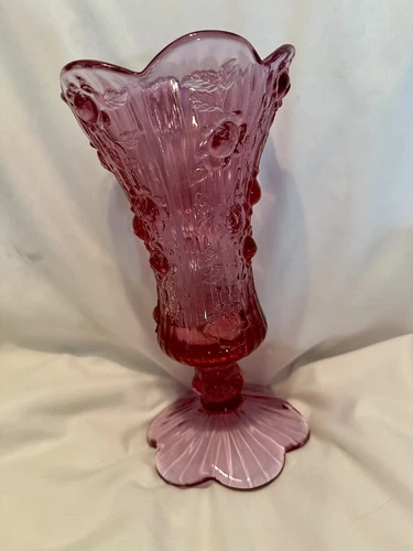 FENTON CABBAGE ROSE FOOTED VASE PINK DUSTY ROSE SCALLOPED 9" VASE VINTAGE