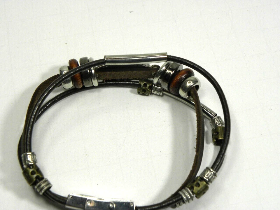 Boho Triple Strand Leather Cord Bracelet Faux Turquoise Cabochon Beaded Brown - Image 4 of 4