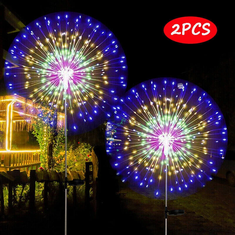 2PCS LED Solar Firework Lights Waterproof Outdoor Garden Pathway Lawn Decor Lamp